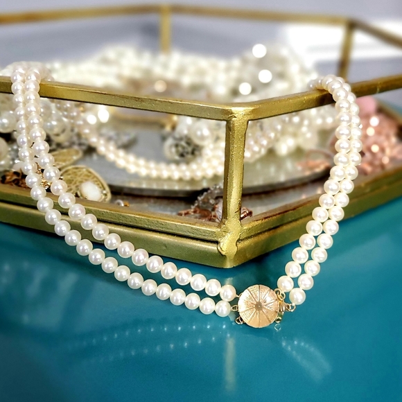 14k Gold Double Strand Vintage Pearl Necklace - Picture 5 of 7